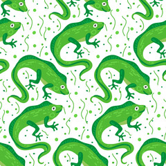 Vector seamless pattern with cute iguana on white background with doodle lines. An illustration of an animal character drawn by hand. Printing on textiles and paper