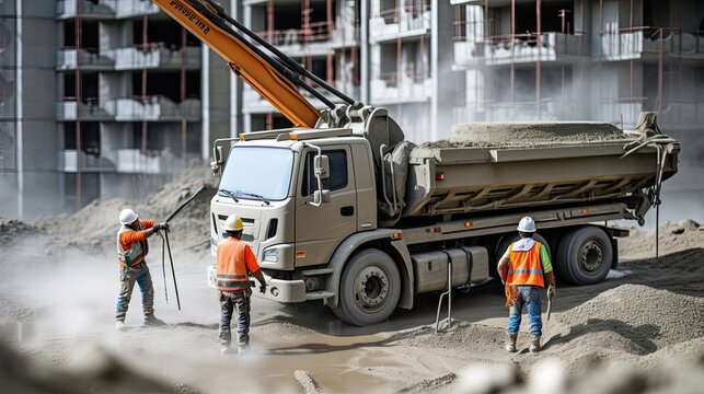 Skilled craftsmen expertly operating a concrete pump truck to pour concrete, demonstrating their proficiency in managing the flow. Generated by AI.