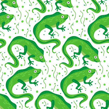 Vector seamless pattern with cute iguana on white background with doodle lines. An illustration of an animal character drawn by hand. Printing on textiles and paper