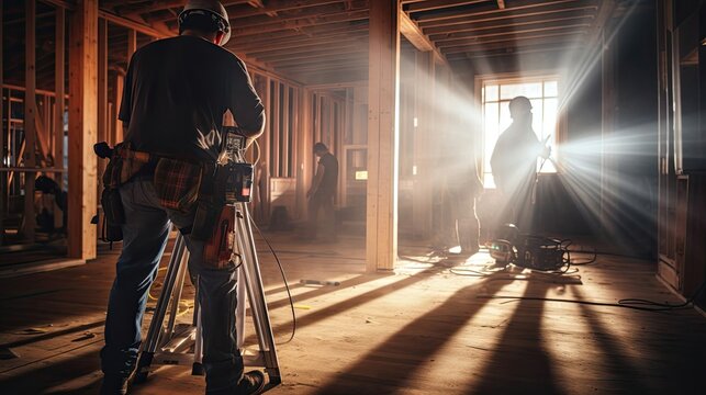 Dedicated builders focused on using a laser level to ensure precise measurements, enhancing construction efficiency by achieving accurate elevation. Generated by AI.