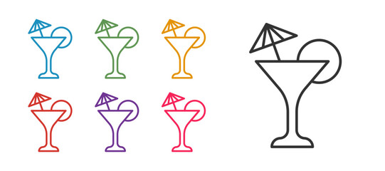 Set line Martini glass icon isolated on white background. Cocktail icon. Wine glass icon. Set icons colorful. Vector