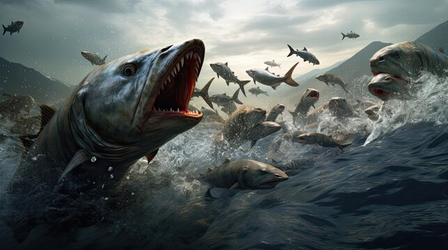 Fish feeding frenzy, an angler casts their line into the midst of the action, skillfully hooking fish as they dart around to secure their share of the feast. Generated by AI.