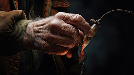 Fisherman's hands tightly grasping a fishing hook. The fingers' firm hold and experienced touch reveal the connection between the angler and the craft. Generated by AI. - obrazy, fototapety, plakaty
