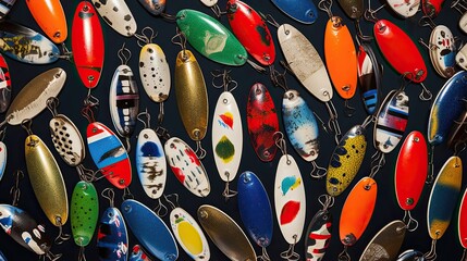 Angling in a vintage-styled arrangement of colorful fishing lures. The carefully curated display captures the essence of angler's passion. Generated by AI.