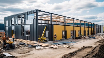 Construction crew meticulously assembling a prefabricated metal building, their coordinated actions transforming raw materials into a sturdy and functional structure. Generated by AI.