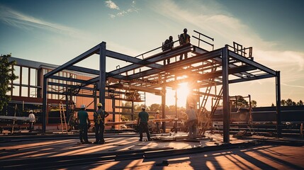Construction in action as proficient workers expertly assemble and raise steel beams, the careful interlocking of components. Generated by AI.