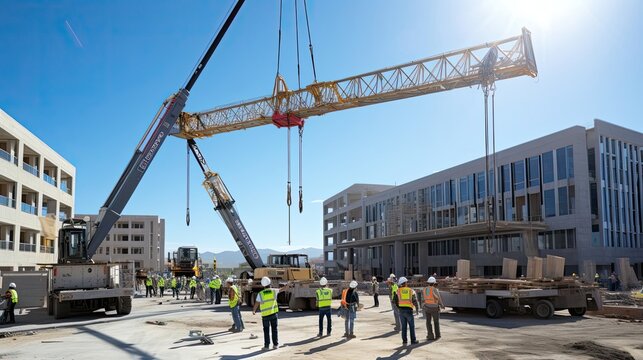 Construction Machinery As A Skilled Crew Methodically Uses A Crane To Hoist And Meticulously Place Large Building Materials. Generated By AI.