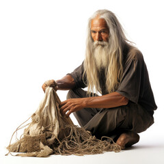 A Maltese fisherman posing with a fishing net in a studio setting.