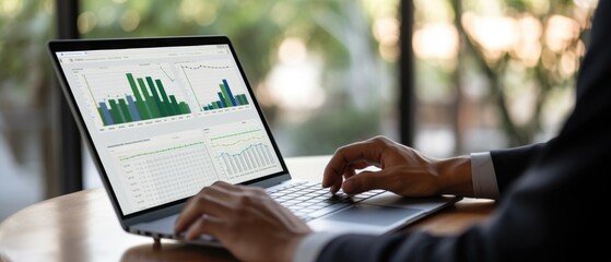 Business person working on laptop to build management reports for corporate business job