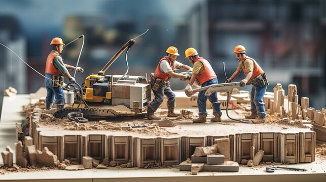 Construction site where adept workers meticulously use handheld power tools to shape and form building materials, the collaborative efforts. Generated by AI.