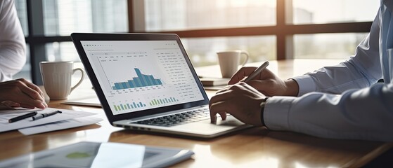 Business person working on laptop to build management reports for corporate business job