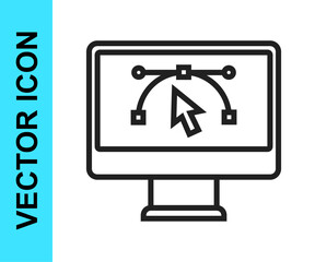 Black line Computer display with vector design program icon isolated on isolated on white background. Photo editor software with user interface. Vector