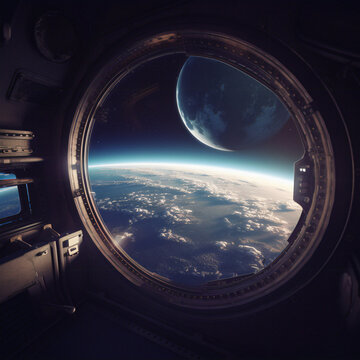A picture of the planet Earth and the Moon in space from the window of the spaceship