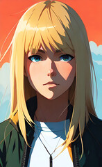 Anime woman. Manga style woman, japanese cartoon. Girl with blonde hair in anime style.