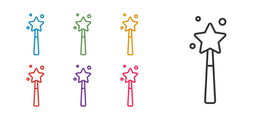 Set line Magic wand icon isolated on white background. Star shape magic accessory. Magical power. Set icons colorful. Vector