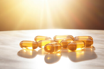 Vitamin D pills or capsules with fish oil and omega 3 fats on a clean background back-lit by the sun - obrazy, fototapety, plakaty