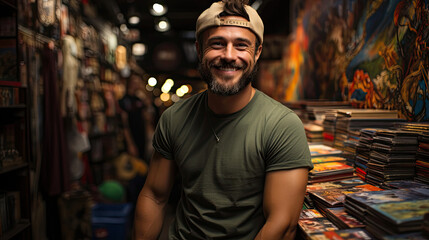 A comic lover in a superhero tee stands amidst a vibrant, pop culture haze in a busy comic book store.