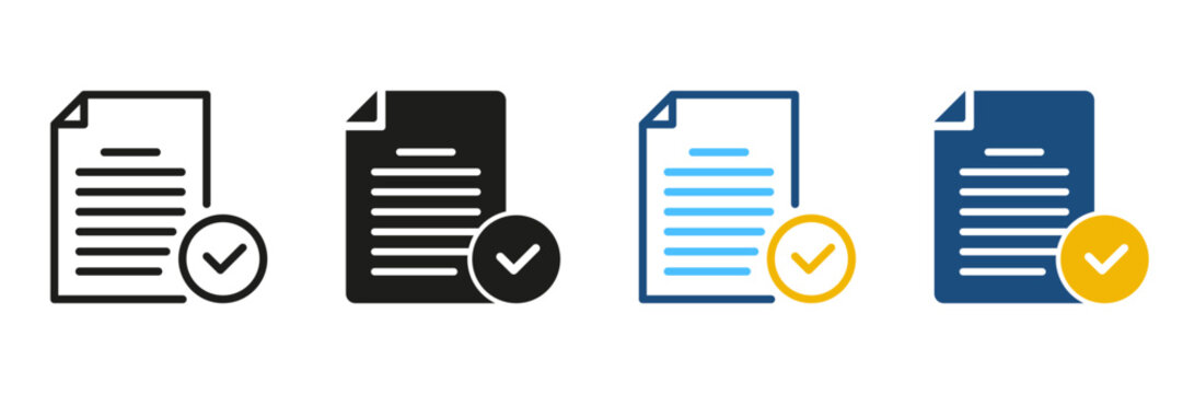 Document with Check Mark Line and Silhouette Icon Set. Approved Form Black and Color Pictogram. File with Checkmark, Accepted Report Symbol Collection. Checklist Sign. Isolated Vector Illustration
