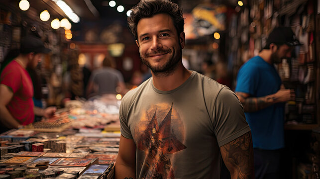 A comic lover in a superhero tee stands amidst a vibrant, pop culture haze in a busy comic book store.