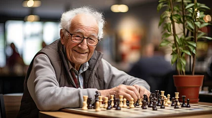 Printed kitchen splashbacks Kids An elderly chess player in smart casual outfit stands amidst a strategic backdrop of chessboards and players at a lively club meetup.
