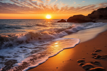 Fototapeta na wymiar Capturing a secluded beach at sunrise, waves whispering solitude, love 