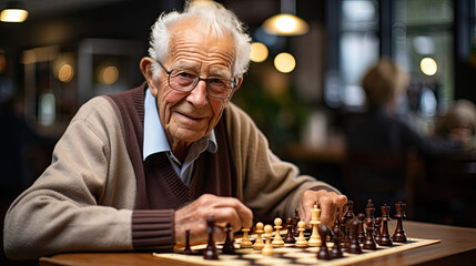 An elderly chess player in smart casual outfit stands amidst a strategic backdrop of chessboards and players at a lively club meetup.