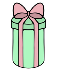 Gift in a long cylindrical box. Surprise in a rounded green package, decorated with a pink bow. Color vector illustration. Isolated background. Cartoon style. Nice present. Holiday package delivery. 