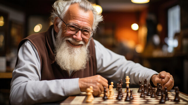 An elderly chess player in smart casual outfit stands amidst a strategic backdrop of chessboards and players at a lively club meetup.