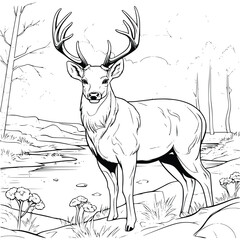 Big Deer On The River Bank Coloring Page Drawing For Kids