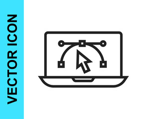 Black line Computer display with vector design program icon isolated on isolated on white background. Photo editor software with user interface. Vector