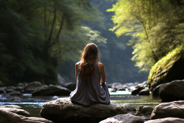 Sitting on a rock by a rushing river, lost in the soothing sound, love 