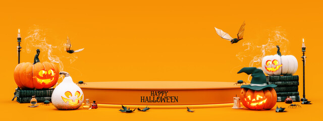 Halloween mockup empty display decorated with carved pumpkins and holiday decoration on orange...