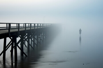Photographing a lone figure on a fog-covered pier, mystery and solitude, love 
