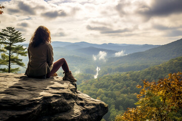 Sitting on a rocky ledge overlooking a valley, a moment of contemplation, love 