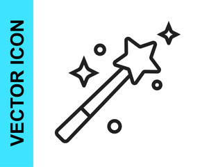 Black line Magic wand icon isolated on white background. Star shape magic accessory. Magical power. Vector
