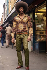 A tall African man exuding a cool aura with a large afro, dressed in a paisley shirt, skinny trousers, and Chelsea boots, hands in pockets.