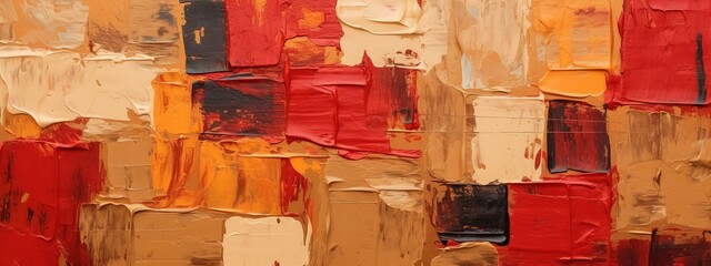 Closeup of abstract rough colorful multicolored red orange brown beige colored art painting texture, with oil brushstroke, pallet knife paint on canvas (Generative Ai)