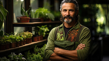 A plant store owner with a leaf-patterned shirt surrounded by lush plants.