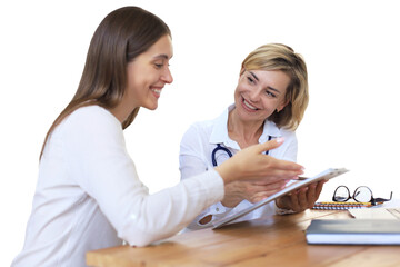 Middle aged female doctor therapist in consultation with patient on a transparent background