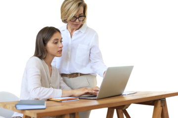 Two female collegues working with laptop and discussing new project on a transparent background