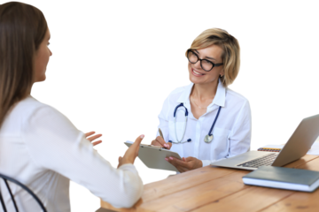 Middle aged female doctor therapist in consultation with patient on a transparent background