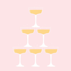 A glass of champagne. Vector illustration. Isolated glass with bubbling champagne. Champagne tower or pyramid.