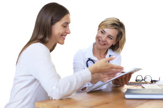 Middle aged female doctor therapist in consultation with patient on a transparent background - Powered by Adobe