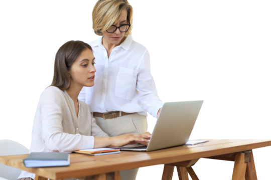 Two female collegues working with laptop and discussing new project on a transparent background