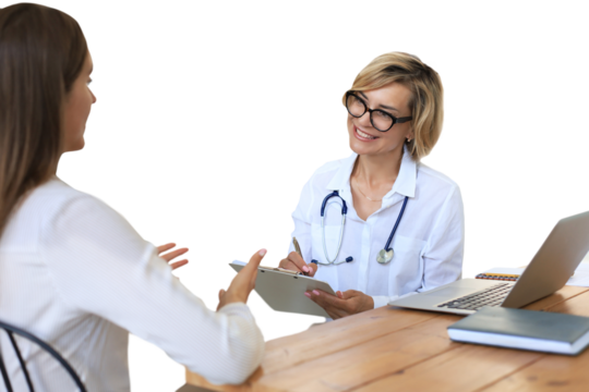 Middle aged female doctor therapist in consultation with patient on a transparent background