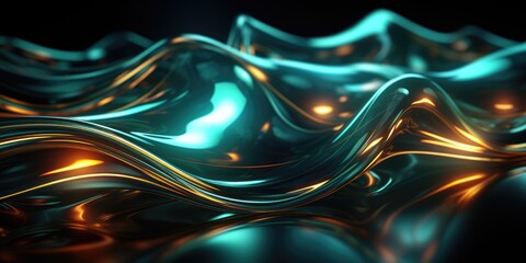 Glowing emerald and gold dynamic wave background. 3d abstract shapes. Futuristic concept illustration. Generative AI