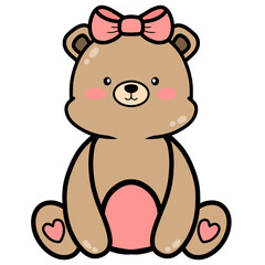 Obraz na płótnie Canvas cartoon little brown bear wearing a pink bow in a sitting position element picture