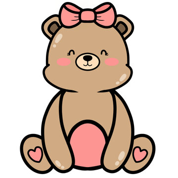 cartoon brown bear wearing pink bow in a sitting position