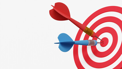 Red and blue dart hit to center of dartboard. Arrow on bullseye in target. Business success, investment goal, opportunity challenge, aim strategy, achievement focus concept. 3d illustration © DETHAL