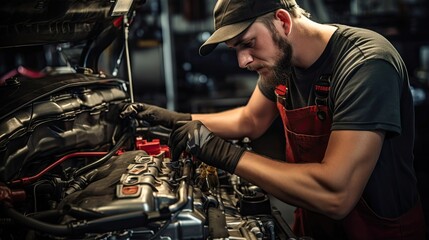 Fototapeta na wymiar Auto technician focuses on repairing the car's electrical system, addressing any issues to guarantee proper vehicle operation and safety. Generated by AI.